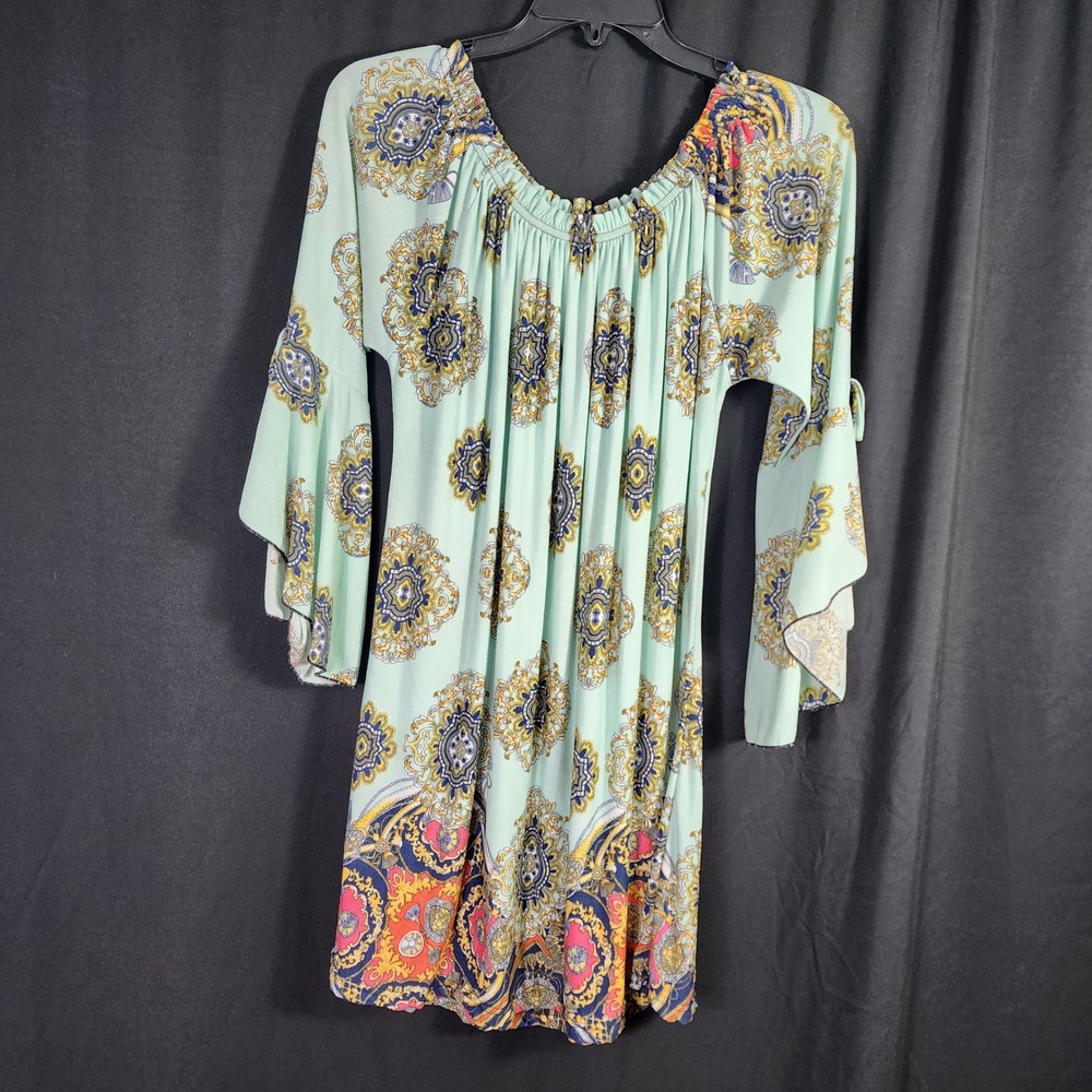 WinWin‎ Tie Sleeve Mint Green Bohemian Medallion Print Mini Dress XL BOHO Hippie